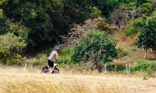 Prise en main et entraînement en trottinette tout terrain de profil sur les tracés du circuit fermé sécurisé.